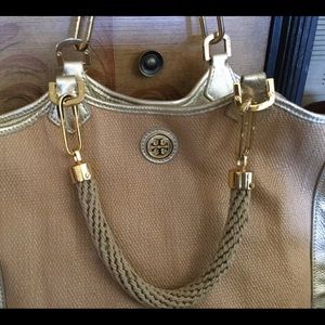 Tory Burch Gold leather and Raffia Bag